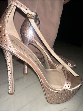 Stuart Weitzman Rose Gold T‑Strap Studded Platform Heels